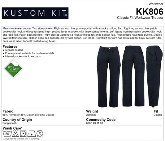 Premium Cargo Trousers - Kustom Kit KK806 Teflon Coated Workwear